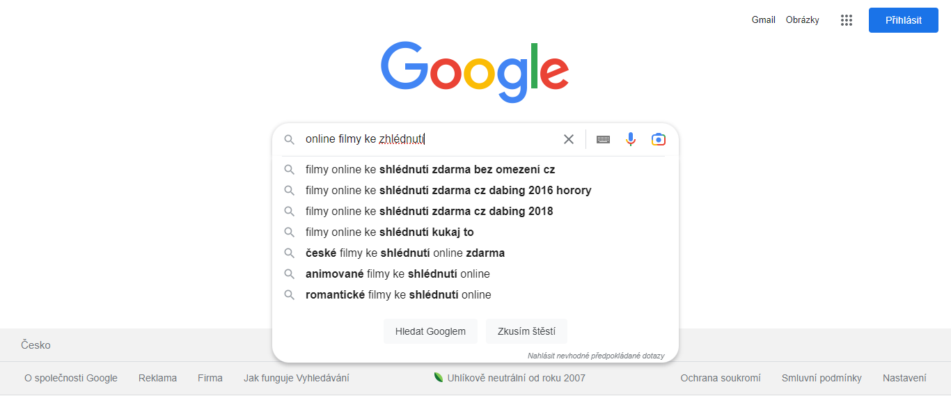 Google navádí k pravopisné chybě a správnou podobu podtrhává – autentický snímek obrazovky